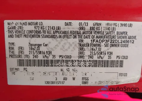 2013 Ford Focus Se z USA, uszkodzony, nr VIN 1FADP3F22DL245612